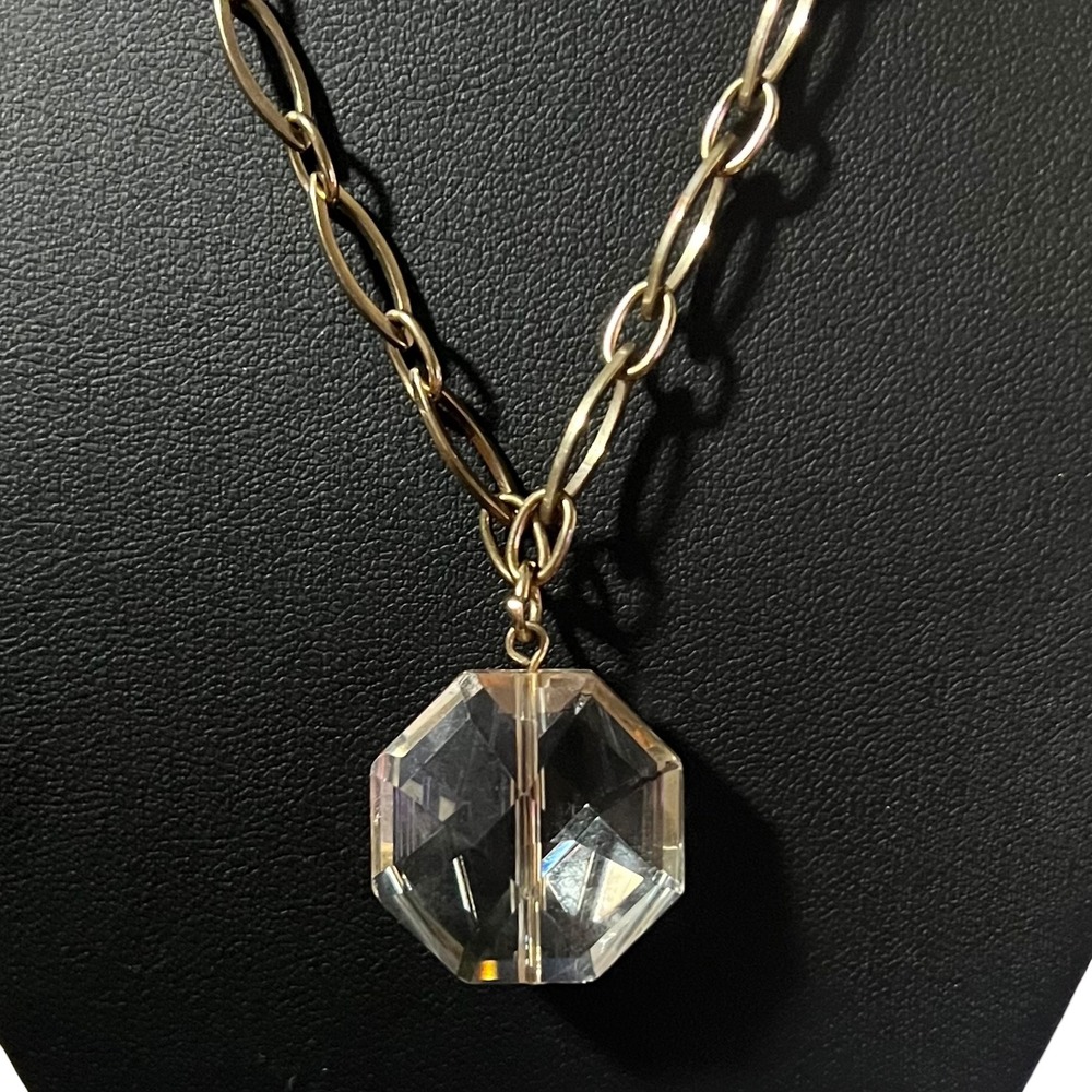 Gold Tone Link Chain Necklace Faceted Crystal Pendant Statement‎ Jewelry 17 in